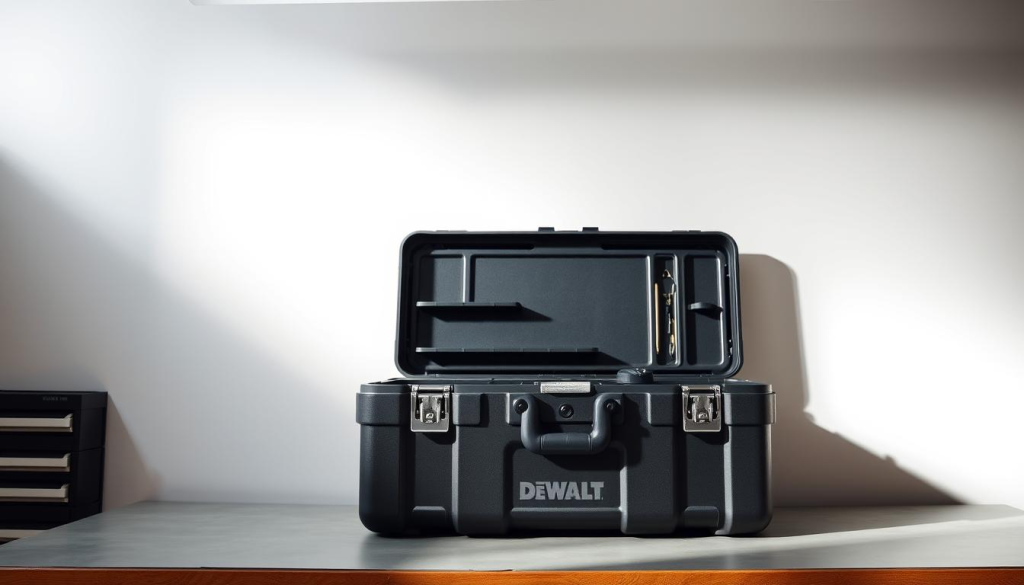 A sturdy and well-organized DEWALT Tough System toolbox sits on a clean, well-lit workbench. The toolbox's sleek, matte-black exterior contrasts with the crisp, white background, creating a modern and professional appearance. The various compartments and storage spaces are clearly visible, showcasing the toolbox's impressive organizational capabilities. Soft, diffused lighting from above casts subtle shadows, emphasizing the toolbox's robust construction and attention to detail. The scene exudes a sense of efficiency, durability, and the reliable performance that the DEWALT Tough System is renowned for.