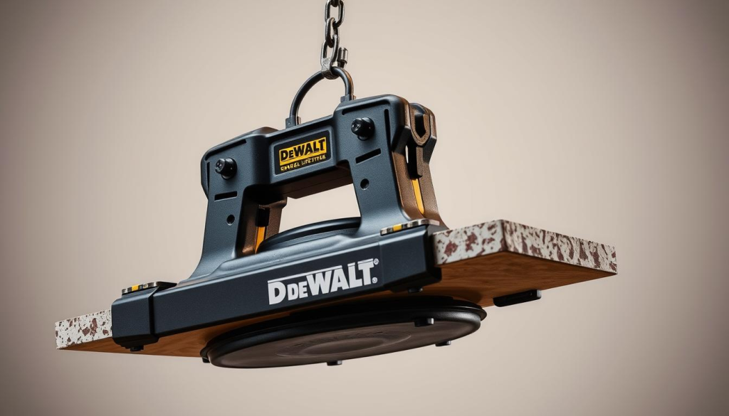 A sturdy, industrial-grade Dewalt Grabo lifter, its powerful suction cups firmly grasping a heavy material slab. The lifter's matte black body and ergonomic handles are illuminated by warm, directional lighting, casting deep shadows that emphasize its robust construction. The slab hovers in midair, suspended by the lifter's impressive suction power, showcasing its ability to effortlessly maneuver and transport large, unwieldy materials. The scene is set against a clean, neutral background, allowing the Grabo lifter to take center stage and demonstrate its utility and reliability for the discerning customer.