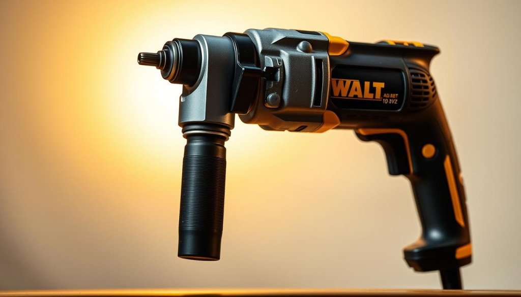 A sturdy, metallic DEWALT 90 Degree Drill Driver positioned prominently in the foreground, its sleek black housing and yellow accents gleaming under the warm, focused lighting. The drill's distinctive 90-degree angle head is highlighted, showcasing its ability to access tight, confined spaces. In the middle ground, a clean, minimalist background highlights the tool's design and functionality. Subtle shadows and reflections add depth and dimension, creating a sense of solidity and professionalism. The overall mood is one of power, precision, and the versatility needed for effective work in challenging environments.