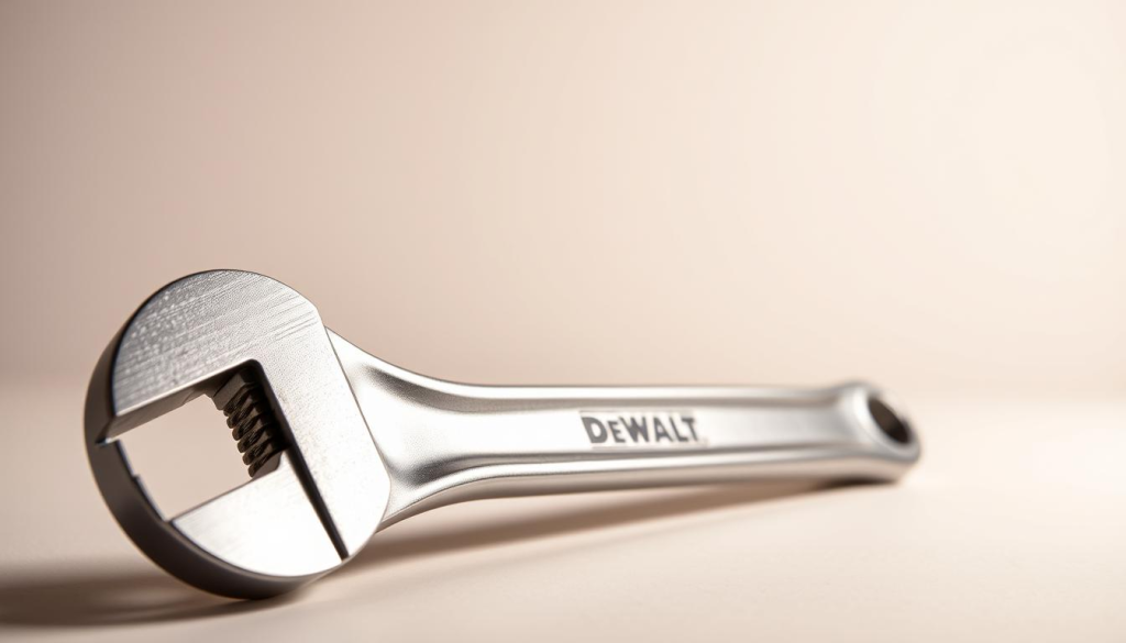 A sturdy, silver-toned Dewalt adjustable spanner rests prominently in the foreground, its adjustable jaws open and ready to grip a range of nut and bolt sizes. The spanner's sleek, modern design is illuminated by a warm, directional light, casting subtle shadows that accentuate its metallic surfaces and ergonomic handle. In the middle ground, the spanner is set against a clean, neutral background, allowing the tool to take center stage. The overall composition conveys the Dewalt adjustable spanner's power, versatility, and essential role in a well-equipped toolbox.