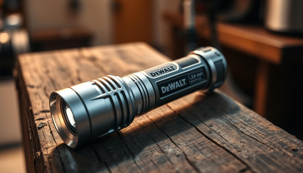 A sturdy, silver-toned Dewalt flashlight rests on a weathered wooden surface, its powerful LED beam cutting through the shadows. The flashlight's robust metal casing and rubberized grip convey a sense of durability and reliability. Overhead, a warm, diffuse lighting creates subtle highlights, emphasizing the flashlight's sleek, angular design. In the background, a subtly blurred garage or workshop setting suggests the flashlight's intended environment - a rugged, utilitarian space where it will be put to the test. The overall mood is one of functional elegance, hinting at the flashlight's capabilities and the importance of proper usage and maintenance in ensuring its long-lasting performance.