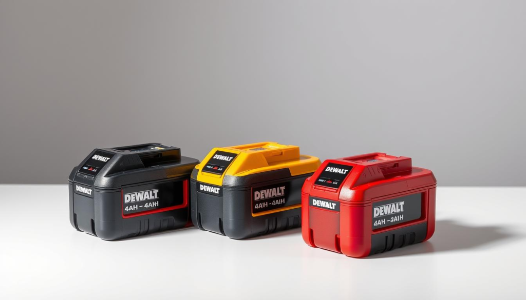 A sturdy table with a clean, white surface, showcasing three DEWALT 4AH batteries in a row, each with a distinct color scheme - black, yellow, and red. The batteries are placed on the table in a well-lit, studio-like setting, with soft, directional lighting casting subtle shadows to accentuate their form and textures. The background is a neutral, grey gradient that allows the batteries to take center stage. The overall composition is balanced and visually appealing, highlighting the key features and differences between the DEWALT 4AH batteries and presenting them in a manner that would be suitable for an informative product comparison article.