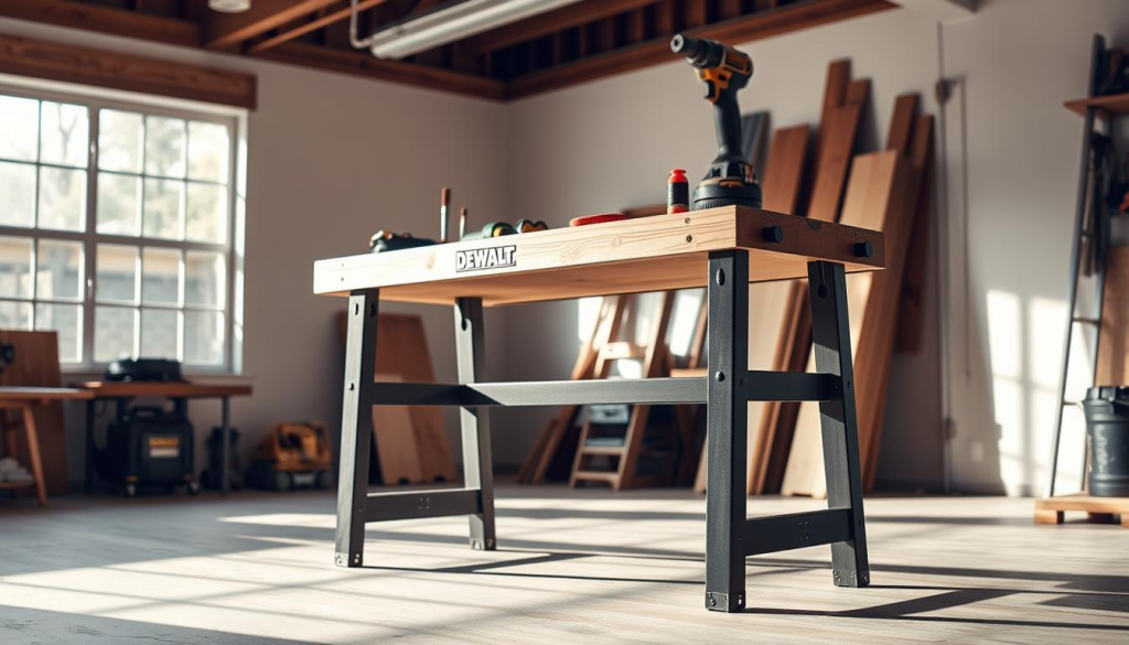 A sturdy, well-constructed Dewalt folding workbench stands in a bright, airy workshop. The solid wood surface and heavy-duty steel legs convey a sense of stability and durability. The workbench is unfolded, ready for a variety of DIY projects, with tools and materials neatly arranged on its surface. Soft, diffused natural light filters in through large windows, casting warm shadows and highlights across the scene. The workbench's compact, foldable design suggests its versatility and convenience, perfect for a dedicated, organized workspace.
