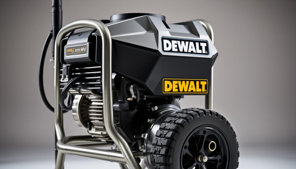 A sturdy, well-crafted DEWALT pressure washer, its durable construction on full display. Metallic components gleam under crisp studio lighting, casting dramatic shadows that accentuate the machine's robust build. The body features sleek, angular lines and a bold industrial design, projecting an aura of strength and reliability. In the foreground, the pump assembly is visible, its intricate inner workings hinting at the machine's powerful performance. The backdrop is a clean, neutral environment, allowing the pressure washer to be the sole focus of attention, showcasing its impressive design and construction quality.