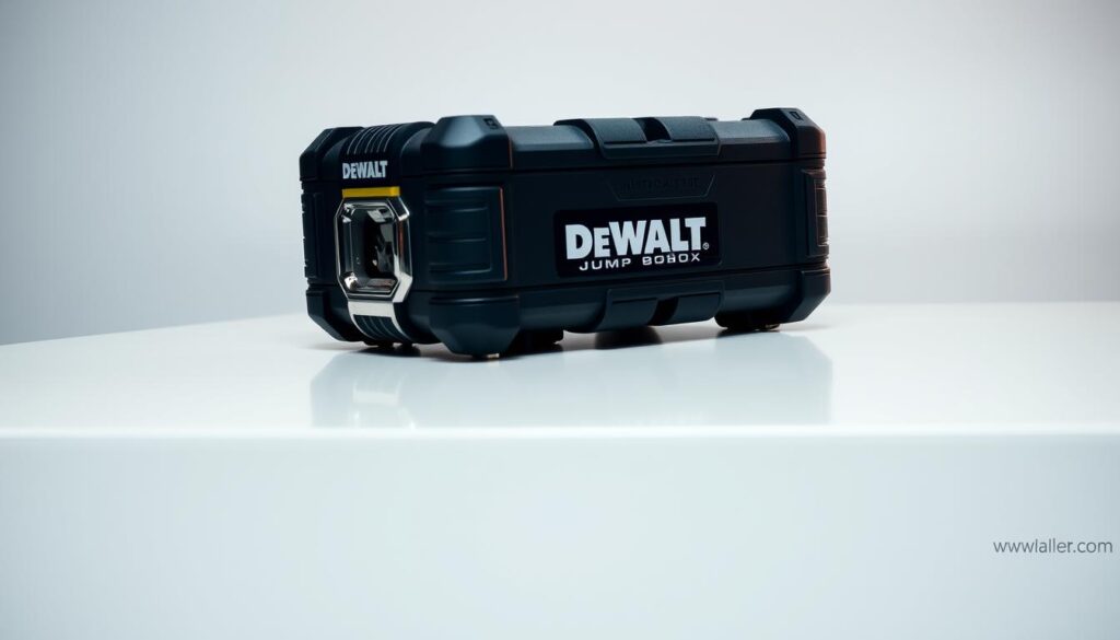 A sturdy, well-designed DEWALT Jump Box resting on a sleek, modern surface. The device is prominently displayed, its robust casing and chrome accents catching the light from a slightly elevated, directional lighting setup. The background is minimalist, allowing the jump box to be the focal point, showcasing its compact yet powerful form. The overall scene conveys a sense of reliability, efficiency, and the convenience of having a DEWALT Jump Box on hand to provide a reliable power source and jumpstart your vehicle with ease.
