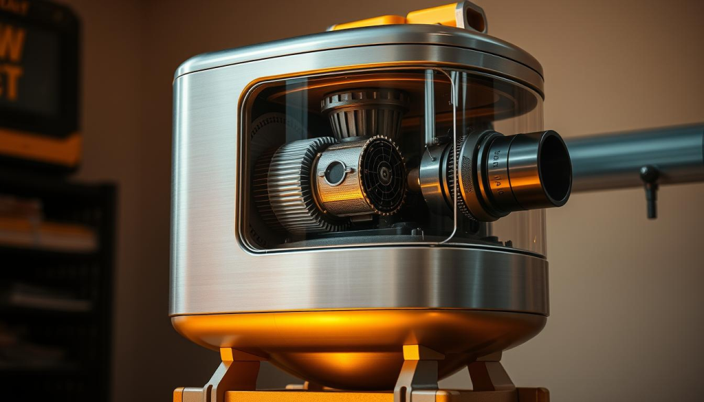 A sturdy, well-engineered DeWalt quiet vacuum filtration system, its sleek metal body gleaming under warm studio lighting. The intricate inner workings are visible through a transparent enclosure, showcasing the advanced cyclonic filtration mechanism that captures fine dust particles with precision. The system is elevated on a sturdy base, its form and function in perfect harmony, exemplifying the brand's commitment to powerful yet efficient cleaning solutions. The overall scene radiates a sense of technical proficiency and reliability, inviting the viewer to appreciate the thoughtful design and engineering behind this essential workshop component.