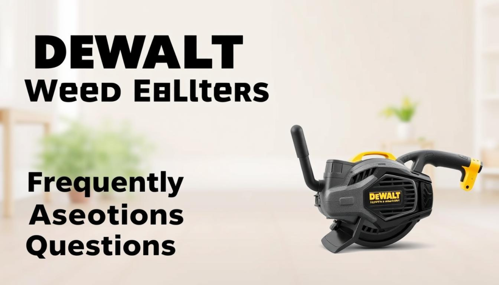 A stylish and informative illustration of a DEWALT electric weed eater against a clean, minimalist background. The device is positioned in the foreground, showcasing its sleek design and prominent DEWALT branding. The middle ground features a simple layout with a neutral color palette, allowing the product to take center stage. The background is softly blurred, creating a sense of depth and focus on the weed eater. The lighting is natural and diffused, highlighting the device's texture and materials. The overall mood is professional, informative, and visually appealing, reflecting the "Frequently Asked Questions" section of the article.