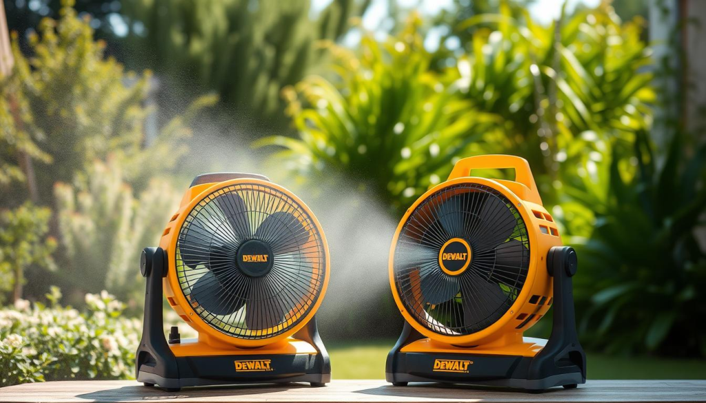 A sunny outdoor scene with a central focus on two DEWALT misting fans placed side-by-side, allowing for a clear comparison. The fans are shown in high detail, highlighting their distinct designs, sizes, and misting capabilities. The background features a lush, verdant garden setting, with soft, diffused lighting creating a pleasant, refreshing atmosphere. The camera angle is slightly elevated, providing an optimal perspective to observe and analyze the two fans. The overall composition is balanced and visually appealing, inviting the viewer to closely examine the products and their differences.