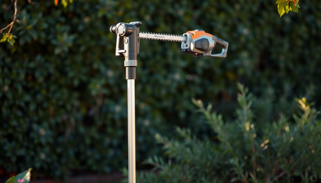 A tall, sturdy telescopic pole saw standing upright, with a sharp blade and a powerful motor. The pole extends to a height of 8 feet, allowing the user to reach high branches effortlessly. The saw is made of lightweight aluminum, with a comfortable grip and a well-balanced design for precise control. Warm, directional lighting illuminates the scene, casting subtle shadows and highlights the tool's sleek, modern appearance. The background is a lush, green garden, hinting at the saw's intended use for pruning and trimming tall trees and shrubs.