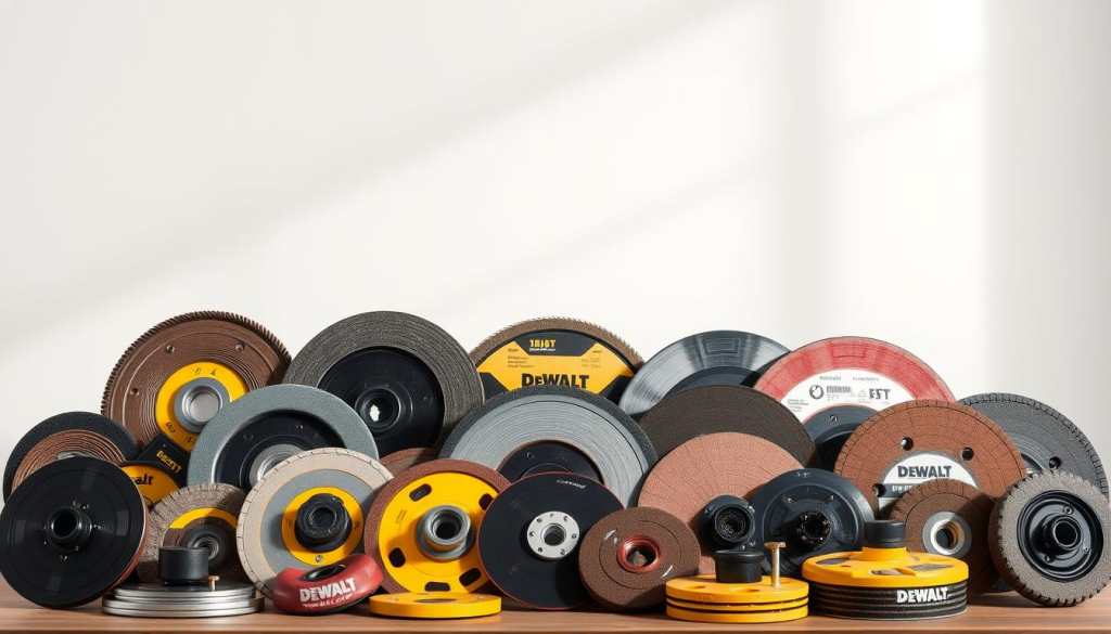 A tightly-framed, high-resolution shot of an assortment of Dewalt 4 1/2 inch grinder accessories, showcasing a variety of grinding wheels, cutting discs, flap discs, and other attachments arrayed against a clean, neutral background. The accessories are presented with meticulous detail, allowing the viewer to appreciate their robust construction and diverse functionality. Subtle, natural lighting casts soft shadows, highlighting the textures and contours of each item. The overall composition conveys a sense of precision, quality, and the versatility of the Dewalt 4 1/2 inch grinder system.