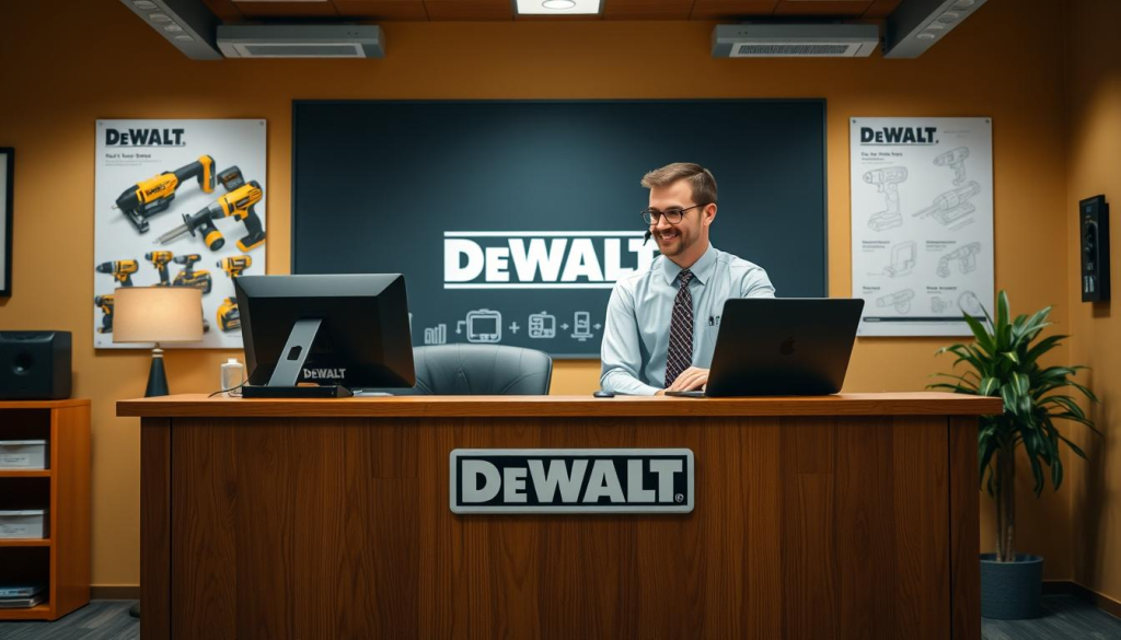 A warm and inviting office setting featuring a sturdy wooden desk with a DeWalt logo prominently displayed. On the desk, a professional-looking customer service representative in a collared shirt and tie assists a customer, their faces expressing a friendly, collaborative interaction. The background showcases the DeWalt brand with product images and technical diagrams, conveying the company's expertise and commitment to customer support. Soft, directional lighting illuminates the scene, creating a welcoming and approachable atmosphere. The overall composition emphasizes the accessibility and responsiveness of DeWalt's customer service.