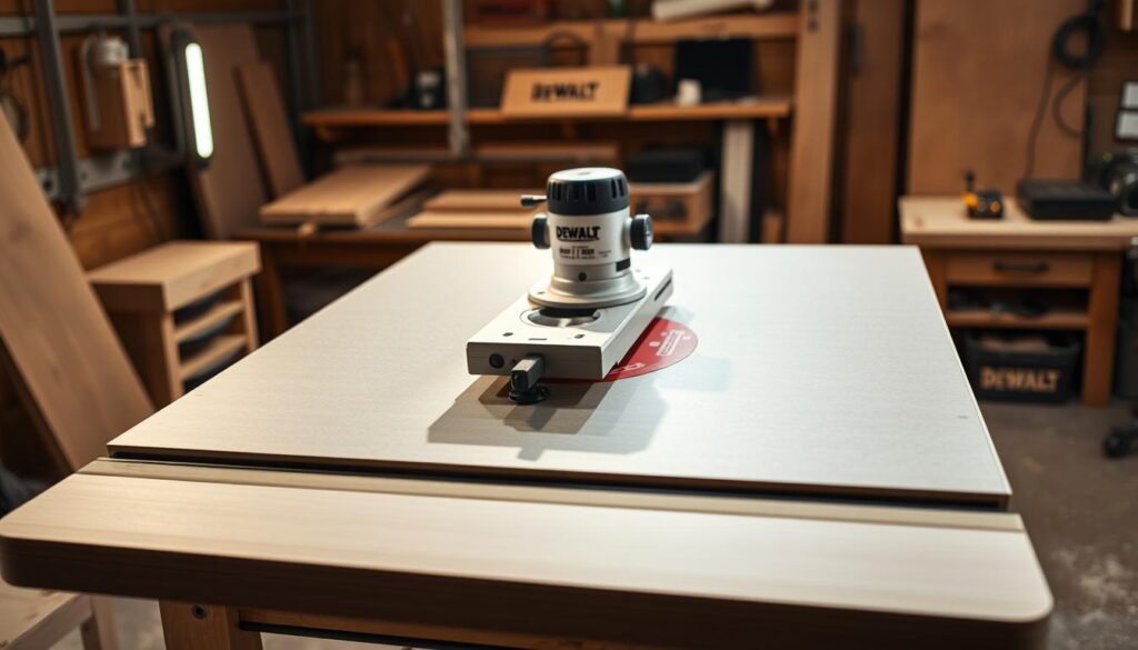 A well-crafted DEWALT router table in a brightly lit woodworking workshop. The table's surface is smooth and sturdy, with precision-milled aluminum rails and a durable phenolic insert. Powerful LED work lights illuminate the work area, casting long shadows that emphasize the table's clean lines and robust construction. The router motor is neatly integrated into the tabletop, showcasing DEWALT's attention to detail and functional design. The overall scene conveys a sense of quality, reliability, and the confidence to tackle complex woodworking projects with ease.