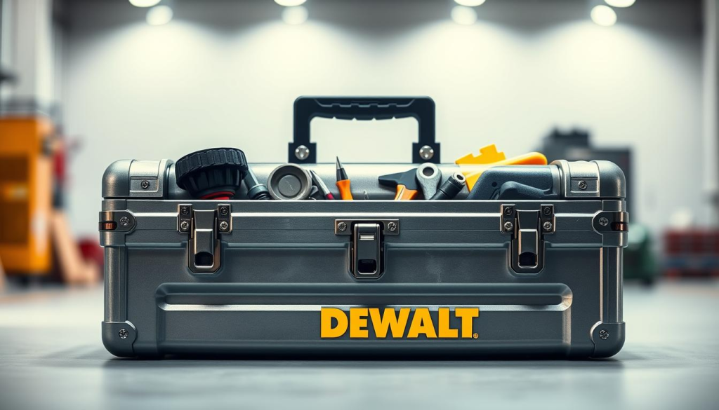 A well-crafted DEWALT tool box in a crisp, bright studio setting. The metallic exterior gleams under soft, diffused lighting, showcasing its durable construction and sleek design. The box is prominently displayed, filling the foreground, with a shallow depth of field blurring the background to a subtle industrial setting. The overall mood is one of quality, reliability, and professional-grade functionality - key attributes of the DEWALT brand. Carefully arranged tools, parts, and accessories inside the box add visual interest and hint at its practical purpose.