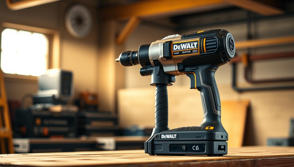 A well-crafted DeWalt mag drill standing prominently on a sturdy workbench, bathed in warm, directional studio lighting that accentuates its sleek, ergonomic design. The drill's metallic casing gleams with a subtle sheen, while the power switch and various controls are clearly visible, inviting the viewer to imagine the precision and power it offers. The background fades into a softly blurred industrial setting, keeping the focus squarely on the mag drill's unique design elements and engineering prowess.