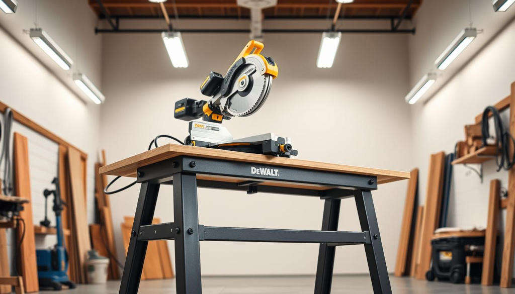 A well-crafted Dewalt miter saw stand in a bright, airy workshop setting. The stand is made of sturdy steel, with a durable powder-coated finish and a large, stable work surface. The miter saw is securely mounted, ensuring a solid, vibration-free platform for precise cuts. Soft, even lighting from overhead fixtures casts a warm glow, highlighting the high-quality materials and attention to detail. The stand is positioned in the center of the frame, with the surrounding space clean and uncluttered, allowing the viewer to focus on the importance of a solid, reliable work surface for accurate and safe miter saw operation.