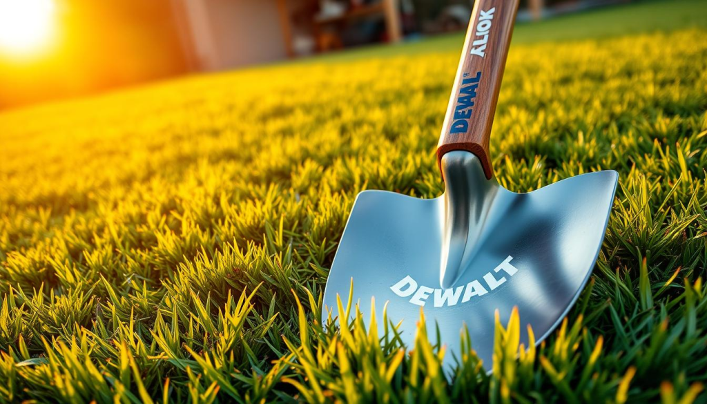 A well-engineered DEWALT shovel resting on a lush, verdant lawn, its sturdy metal blade catching the warm glow of a golden hour sun. The handle, crafted from durable hardwood, gleams with a satin finish. In the background, a neatly organized toolshed, hinting at the shovel's efficient storage and accessibility. The scene radiates a sense of productivity and attention to detail, reflecting the shovel's reliable performance and the user's commitment to their outdoor tasks.