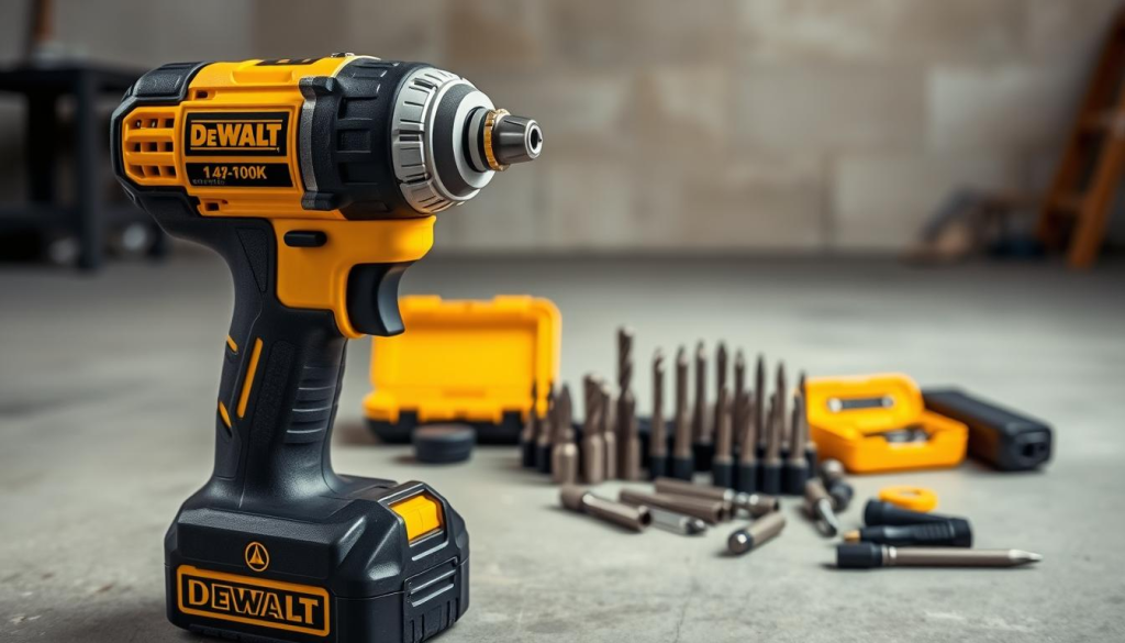 A well-lit DeWalt 1/4 impact driver kit in the foreground, showcasing its sturdy black and yellow casing, with a focus on the impact mechanism and the metal chuck. In the middle ground, various driver bits and accessories are neatly arranged, highlighting the versatility of the tool. The background depicts a clean, modern workshop setting, with a concrete floor and neutral-toned walls, emphasizing the professional and durable nature of the DeWalt brand. The overall scene conveys a sense of power, reliability, and precision, perfectly capturing the essence of the "Why Choose the DeWalt 1/4 Impact Driver?" section.