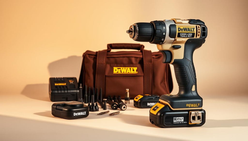 A well-lit DeWalt cordless power tool set, featuring a sleek drill, impact driver, and assorted accessories, artfully arranged on a clean, neutral background. The tools have a professional, high-quality appearance, with a metallic finish and DeWalt branding prominently displayed. The lighting casts warm, natural shadows, enhancing the depth and texture of the products. The composition is balanced, with the drill and driver positioned in the foreground, and the accessories neatly organized in the middle ground. The overall mood is one of quality, reliability, and attention to detail, reflecting the reputation of the DeWalt brand.