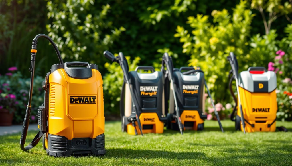 A well-lit and detailed comparison of the DEWALT backpack sprayer against other leading brands. In the foreground, the DEWALT sprayer is prominently displayed, its rugged construction and ergonomic design highlighted. In the middle ground, similar backpack sprayers from competing brands are arranged side-by-side, allowing for a visual comparison of their features and specifications. The background depicts a lush, verdant garden setting, providing context for the practical application of these sprayers. The lighting is soft and natural, accentuating the quality and craftsmanship of the equipment. The overall composition conveys a sense of professionalism and authority, making it an ideal visual aid for the article's section on comparing DEWALT to other backpack sprayer options.