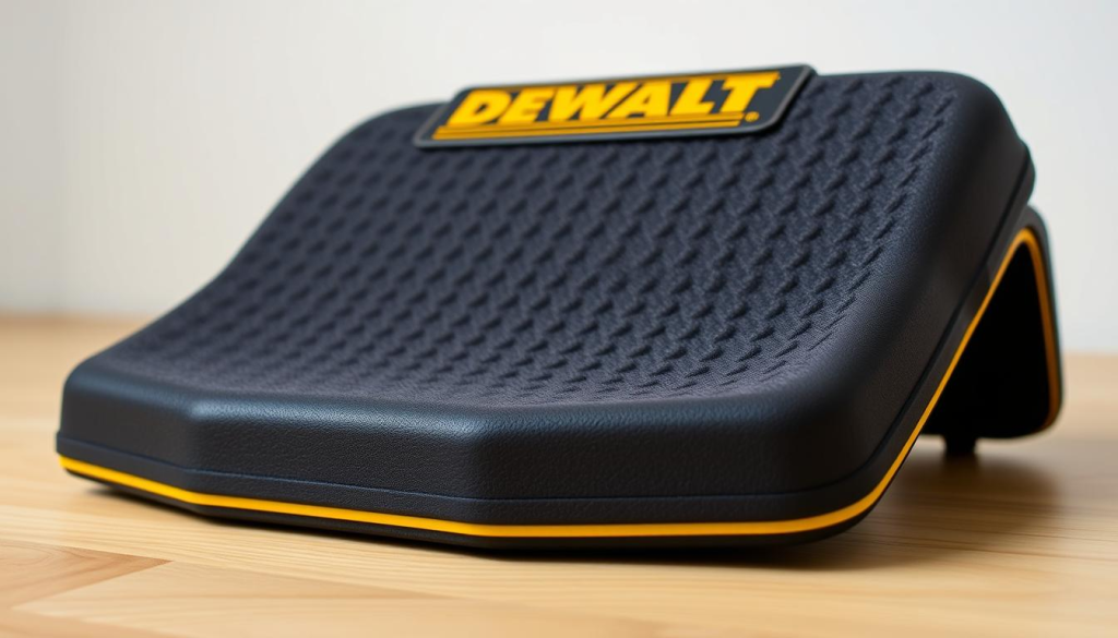A well-lit and detailed product shot of a DEWALT Kneeling Pad, placed on a clean wooden surface. The pad is shown from an angled, low perspective, highlighting its ergonomic design and textured surface. The image conveys a sense of quality and durability, showcasing the product's features that would appeal to DIY enthusiasts and professional tradespeople. The lighting is soft and diffused, creating subtle shadows and highlights that emphasize the pad's material and construction. The background is clean and uncluttered, allowing the subject to be the focal point of the composition.
