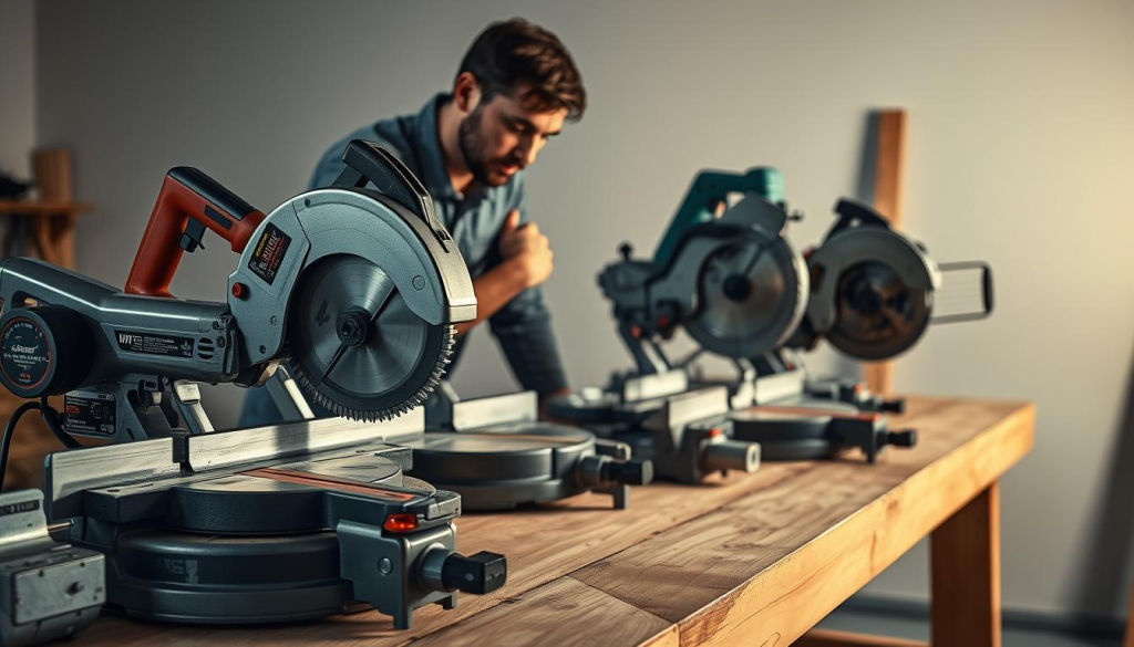 A well-lit and detailed scene of a person carefully examining and comparing various miter saws on a wooden workbench. The foreground showcases a selection of miter saws with different blade sizes, motor power, and features, allowing the viewer to appreciate the nuances in design and functionality. In the middle ground, the person is leaning in, thoughtfully analyzing the saws and considering their specific needs for precision woodworking. The background is a clean, neutral workspace, with subtle shadows and highlights that create depth and a sense of professional, considered decision-making. The overall atmosphere is one of focus, expertise, and the importance of choosing the right tool for the job.