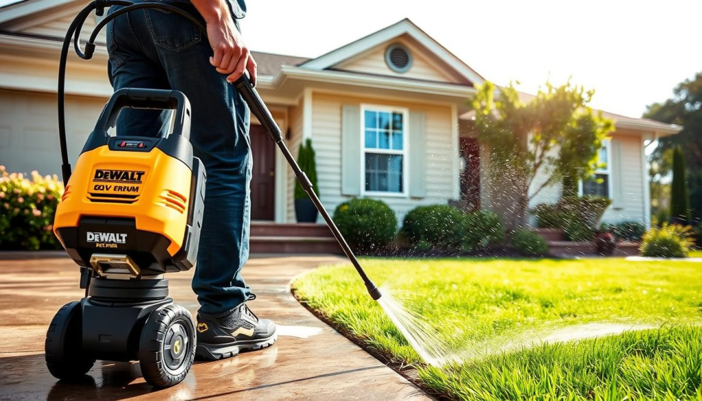 A well-lit and detailed scene of a person using a DeWalt 60V pressure washer to clean various surfaces around a residential home. The foreground shows the power washer in action, spraying water at a driveway, sidewalk, or siding, with the user's hands and body visible. The middle ground features the home's exterior, with clean surfaces and well-maintained landscaping. The background showcases a bright, sunny day with a clear sky, providing a sense of warmth and productivity. The lighting is natural and even, highlighting the power and effectiveness of the DeWalt 60V pressure washer. The overall mood is one of successful home maintenance and the versatility of the power tool.