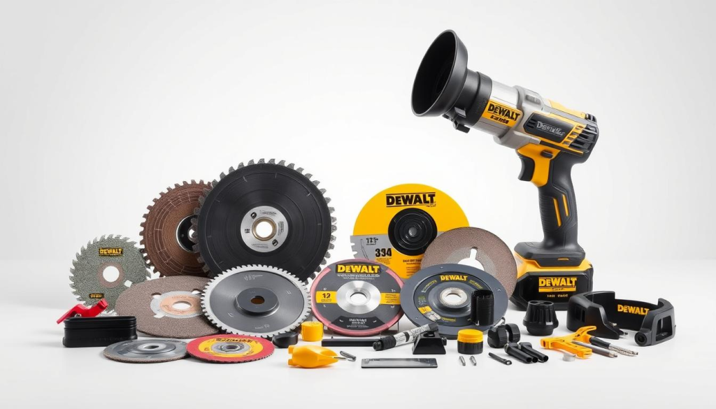 A well-lit and high-quality studio shot of an assortment of DEWALT cut-off tool accessories, including a variety of diamond and abrasive cutting discs, a dust extraction shroud, a depth guide, and other essential accessories arranged neatly on a clean, light-colored surface. The accessories are displayed with a sense of professionalism and utility, highlighting their functional design and suitability for the DEWALT cut-off tool. The image conveys a mood of precision, reliability, and attention to detail, reflecting the quality and capabilities of the DEWALT brand.