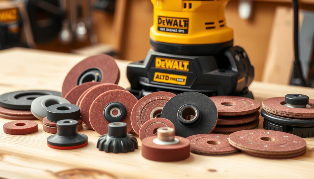 A well-lit and high-resolution image of an assortment of DeWalt sander accessories arranged on a clean, wooden workbench. The foreground features a variety of sanding discs, pads, and attachments in various grits and sizes, neatly organized. The middle ground showcases a DeWalt orbital sander, its sleek and durable design prominently displayed. The background has a subtle, softly blurred workshop setting, emphasizing the professional-grade nature of the tools. The overall composition conveys a sense of precision, efficiency, and the attention to detail required for effective sander maintenance.