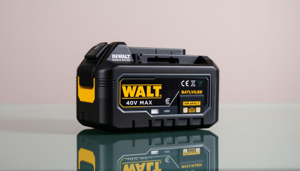 A well-lit and meticulously detailed DEWALT 40V Max battery, its components and inner workings clearly visible. The battery is positioned on a clean, reflective surface, allowing for a clear and unobstructed view. The lighting is soft and directional, highlighting the battery's sleek design and intricate engineering. The background is a muted, neutral tone, keeping the focus solely on the battery and its troubleshooting features. Technical details such as the battery's charging ports, indicator lights, and safety mechanisms are prominently displayed, providing a comprehensive visual guide for the article's "Troubleshooting Common Issues" section.