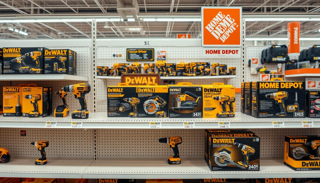 A well-lit and neatly organized display of various DeWalt power tool kits in the Home Depot hardware store. The kits are arranged on clean, minimalist shelves, with a warm, inviting lighting highlighting their sleek, modern designs. The foreground features a selection of the most popular DeWalt kits, such as the cordless drill and impact driver combo set, the circular saw kit, and the oscillating multi-tool kit. The middle ground showcases a wider range of DeWalt offerings, including specialty tools and accessories. The background subtly suggests the larger Home Depot store environment, with a sense of depth and scale. The overall composition conveys a sense of high quality, reliability, and the breadth of DeWalt's product lineup available at Home Depot.