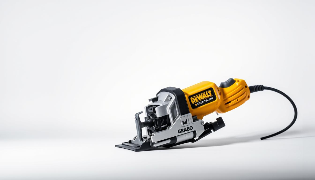 A well-lit and professionally photographed product shot of the DEWALT GRABO multipurpose tool, presented against a clean white background. The tool is prominently displayed, highlighting its sleek and sturdy design. The image captures the tool's key features and functionality, showcasing its versatility and quality craftsmanship. The lighting creates a sense of depth and dimension, drawing the viewer's attention to the details of the tool. The overall composition is balanced and visually appealing, effectively highlighting the DEWALT GRABO as a must-have item for any workspace.