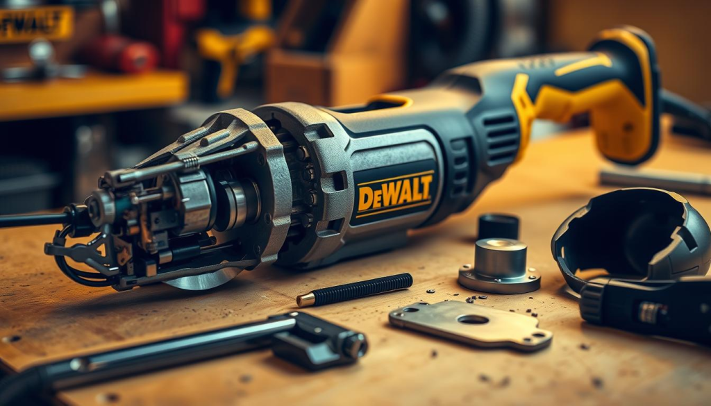 A well-lit, close-up image of a DEWALT oscillating multi-tool being serviced and maintained. The tool is disassembled, with various components like the blade, motor, and housing laid out neatly on a clean, organized workbench. The image captures the intricate details of the tool's inner mechanisms, showcasing the precision engineering and attention to durability. Warm lighting illuminates the scene, casting a soft glow on the metallic parts. The overall mood is one of focus, professionalism, and a dedication to preserving the longevity of this versatile power tool.