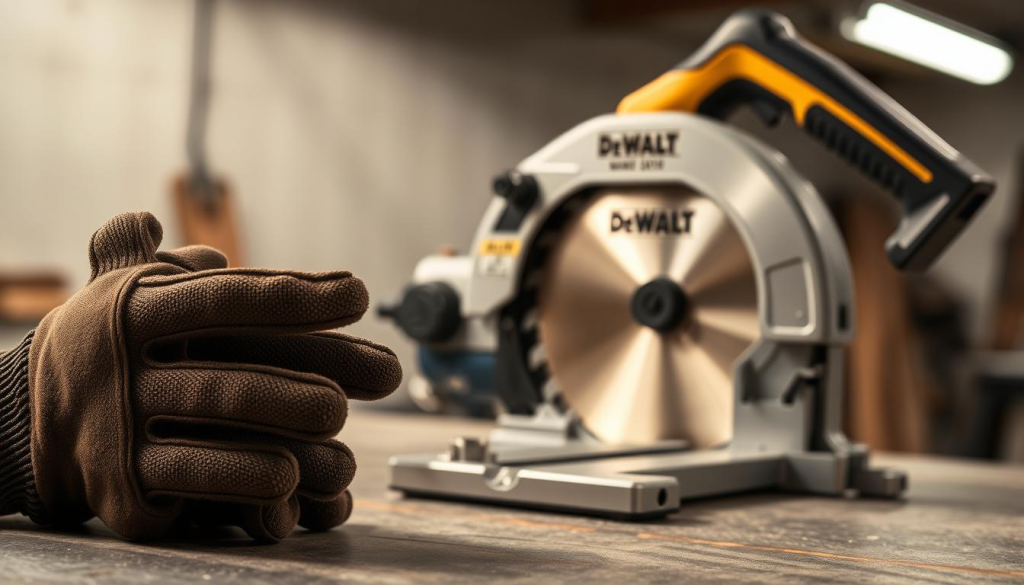 A well-lit, close-up image of a DeWalt cut-off saw accompanied by essential safety gear. In the foreground, a sturdy pair of protective gloves and safety goggles rest on a workbench, their materials and textures clearly visible. In the middle ground, the cut-off saw stands prominently, its metal casing and blade gleaming under the soft lighting. In the background, a neutral, slightly blurred environment suggests a workshop or industrial setting. The overall mood is one of attention to detail and a focus on the importance of safety when operating power tools.