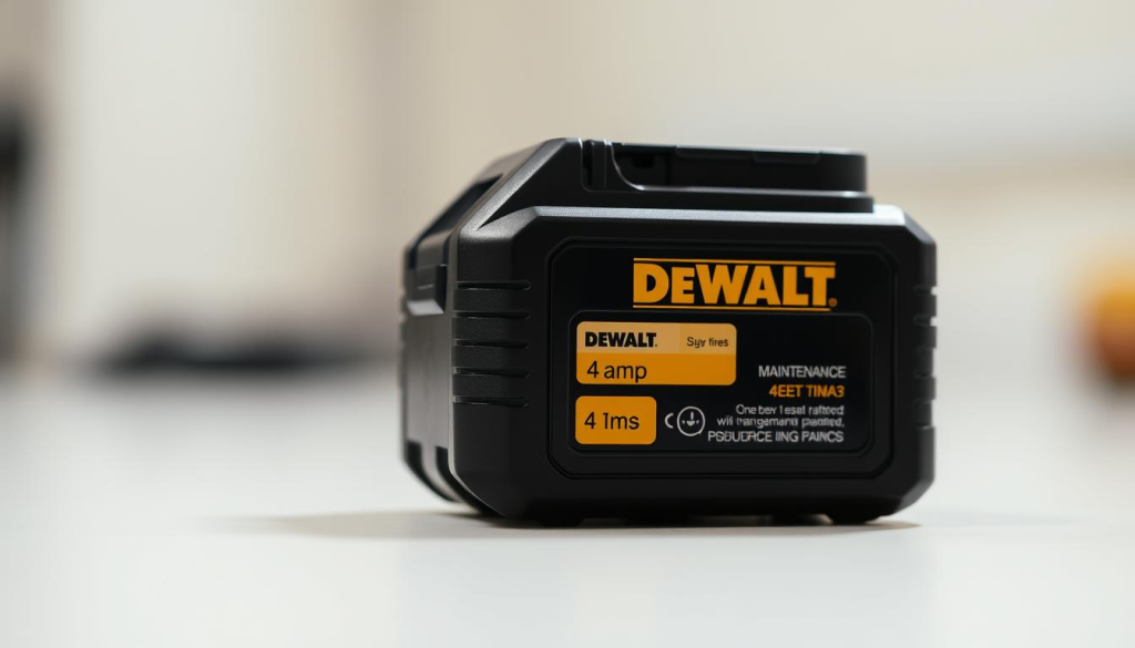 A well-lit, close-up image of a Dewalt 4 amp battery pack, showcasing its maintenance features. The battery is positioned prominently in the foreground, with a soft, diffused lighting from the left side illuminating its surface. The background is slightly blurred, creating a sense of depth and focus on the battery. The image conveys a sense of technical precision and attention to detail, highlighting the battery's robust construction and the importance of proper maintenance for optimal performance.