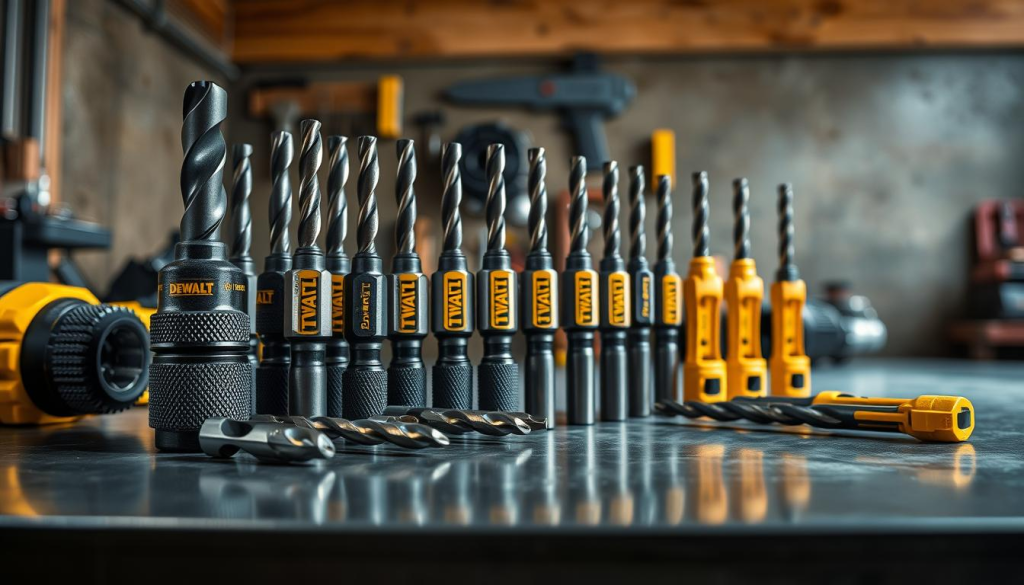 A well-lit, close-up image of a variety of DEWALT drill bits arranged neatly on a clean, metallic surface. The bits should be depicted in a striking, high-contrast manner, showcasing their precision engineering and sleek, professional design. The foreground should focus on the drill bits, highlighting their distinct features such as the robust, knurled grip, the sharp, titanium-coated tips, and the vibrant DEWALT branding. The middle ground should provide context, with a subtle background of a workshop or tool shed setting, creating a sense of rugged, industrial authenticity. The lighting should be directional, casting dramatic shadows and highlights to emphasize the drill bits' intricate details and quality construction.