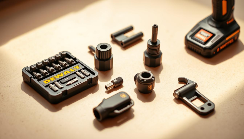 A well-lit, close-up image of various DeWalt XR impact driver accessories, including a high-torque impact bit set, a magnetic nut driver, a quick-release chuck, and a belt clip, arranged neatly on a clean, neutral-colored surface. The accessories are shown in sharp focus, with a shallow depth of field to emphasize their intricate details and textures. The lighting is warm and natural, casting subtle shadows that add depth and dimension to the scene. The overall mood is one of professional quality, highlighting the durability and versatility of the DeWalt XR impact driver accessories.