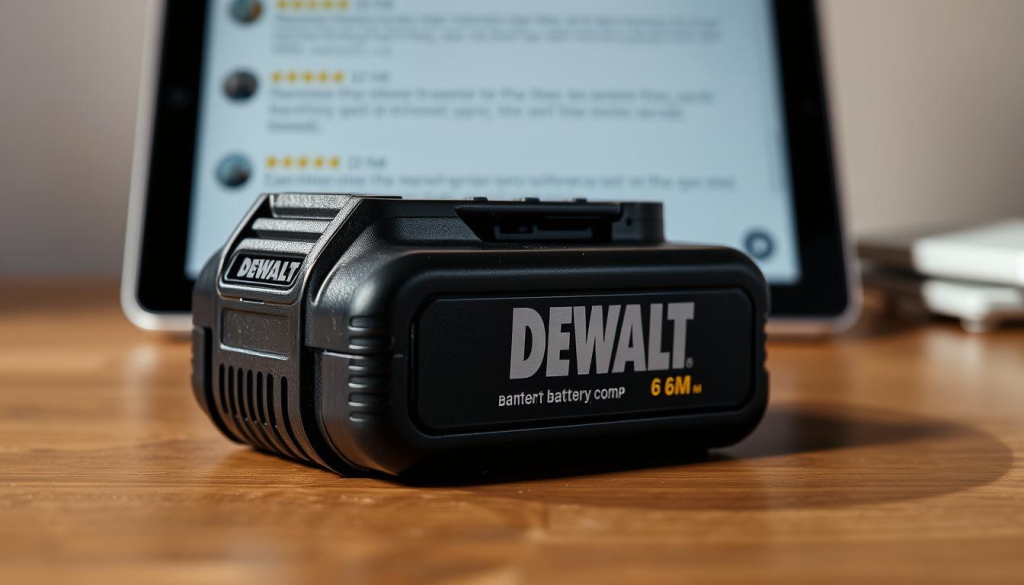 A well-lit close-up of a DEWALT 6 Amp battery pack resting on a wooden surface. The battery has a sturdy, sleek black casing and prominent DEWALT branding. The lighting creates dramatic shadows, highlighting the battery's textured surface and metallic accents. In the background, blurred customer testimonials or product reviews are displayed on a tablet or laptop screen, conveying a sense of real-world user experiences with the battery.