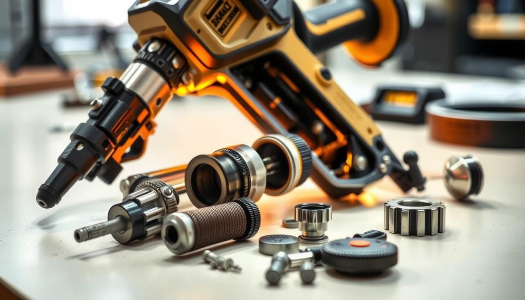 A well-lit close-up of a DEWALT rivet gun, its components disassembled and arranged neatly on a clean workbench. Warm lighting illuminates the metallic textures and intricate mechanisms, inviting the viewer to explore the inner workings of this versatile tool. The scene conveys a sense of precision and care, reflecting the importance of proper maintenance for the DEWALT rivet gun. The background is blurred, keeping the focus on the disassembled components and highlighting their significance in the article's "Maintenance Tips for the DEWALT Rivet Gun" section.