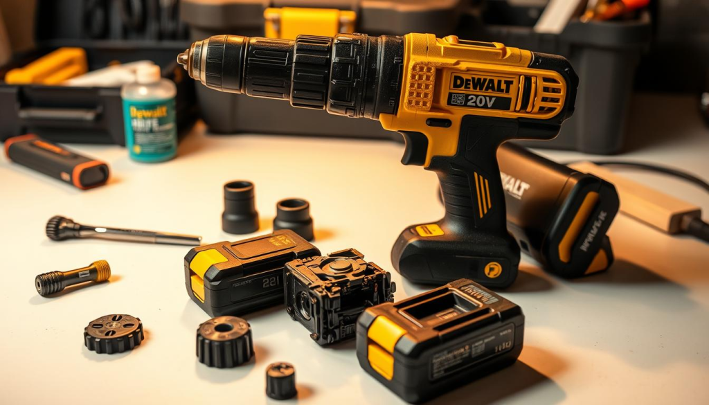 A well-lit close-up of a DeWalt 20V cordless drill, resting on a clean work surface. The drill is disassembled, with its components neatly arranged around it, showcasing the inner mechanisms. A toolbox and cleaning supplies are visible in the background, indicating a maintenance scenario. The lighting is warm and directional, casting subtle shadows that accentuate the drill's texture and details. The overall mood is one of focused attention and care, reflecting the importance of proper maintenance for this powerful DIY tool.