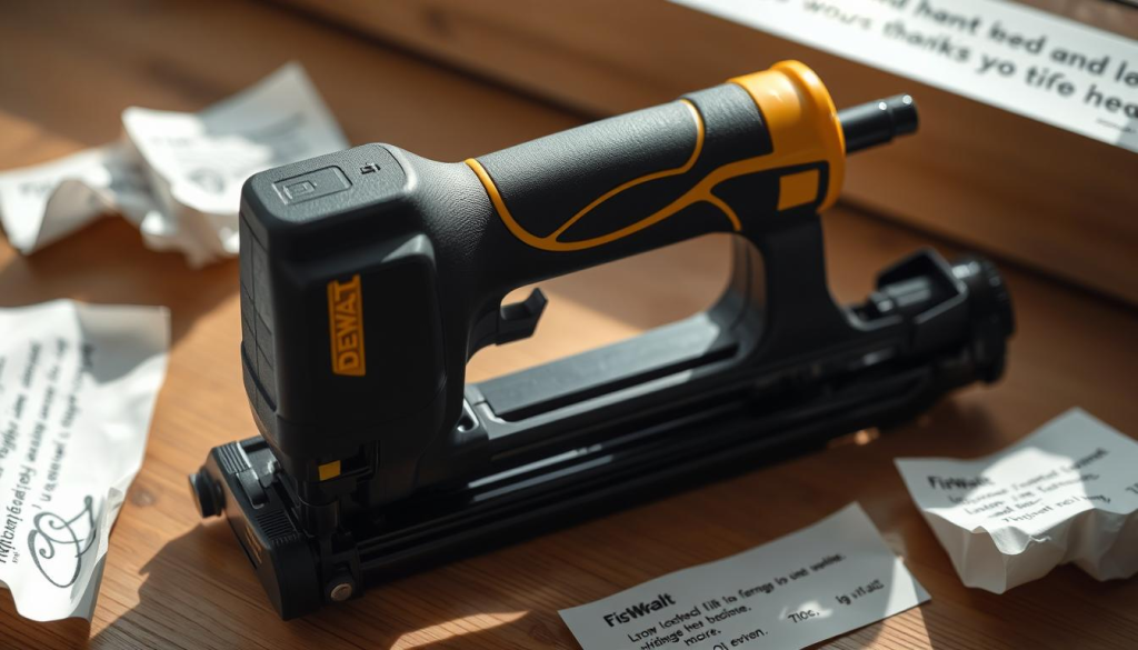 A well-lit close-up of a DeWalt fence stapler, its sleek black and yellow design prominently displayed. The stapler is positioned on a wooden surface, surrounded by a few customer testimonials and review snippets handwritten on crumpled paper. The lighting casts soft shadows, creating a sense of depth and emphasizing the tool's sturdy construction. The overall mood is one of practicality and reliability, reflecting the positive user experiences conveyed in the reviews.