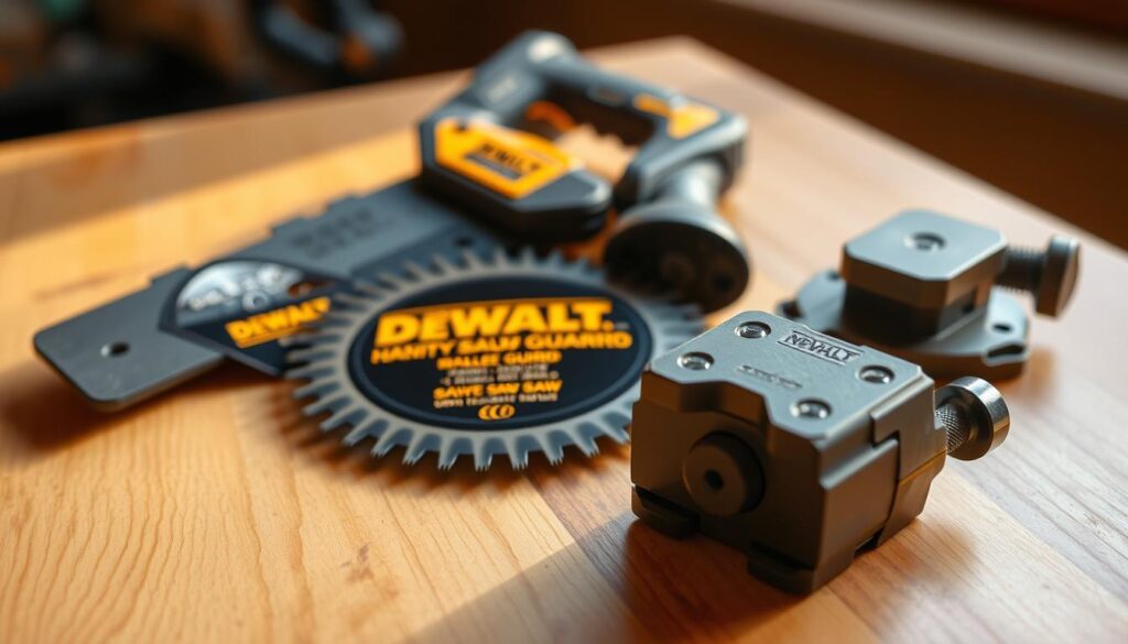 A well-lit, close-up photograph of DEWALT hand saw accessories, including a high-quality saw blade, a universal blade guard, an ergonomic handle, and a sturdy saw vise, all arranged neatly on a clean, wooden surface. The accessories should be captured in sharp focus, with a shallow depth of field to emphasize their intricate details and craftsmanship. The lighting should create warm, natural shadows that accentuate the textures and materiality of the objects, conveying a sense of professional-grade tools ready for precision cutting tasks.