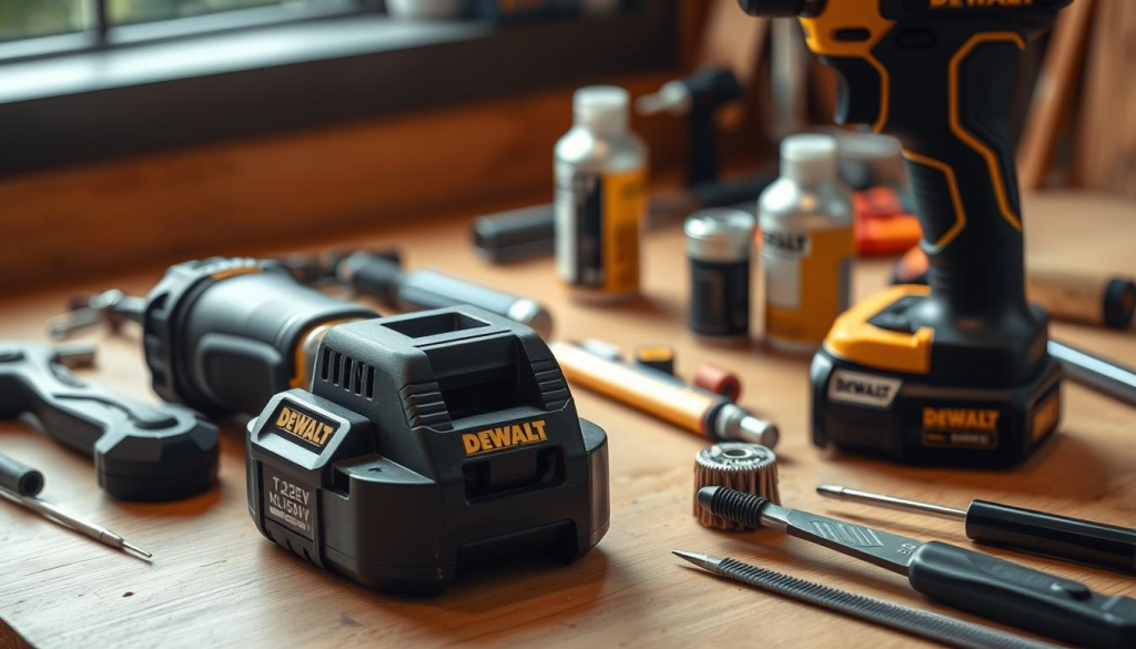 A well-lit, close-up photograph of a DEWALT 12V cordless power tool undergoing maintenance. The tool is placed on a clean, wooden workbench, with various maintenance tools and accessories such as screwdrivers, brushes, and lubricants arranged neatly around it. The background is slightly blurred, creating a sense of focus on the tool and the maintenance process. The lighting is soft and directional, highlighting the textures and details of the tool. The overall mood is one of professional competence and attention to detail, conveying the importance of proper maintenance for DEWALT 12V tools.
