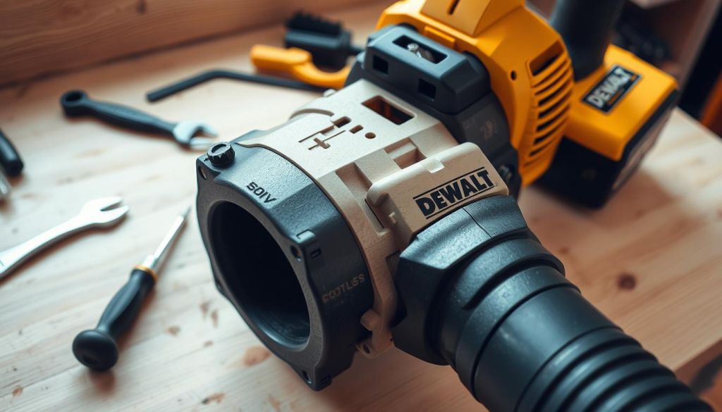 A well-lit, close-up photograph of a DEWALT 60V cordless leaf blower undergoing maintenance. The blower is placed on a clean, wooden workbench, with various tools such as a screwdriver, wrench, and brush arranged neatly around it. The blower's air intake and exhaust ports are visible, hinting at the internal components that require attention. The image conveys a sense of care and attention to detail, reflecting the importance of proper maintenance for the longevity of this powerful outdoor cleaning tool.