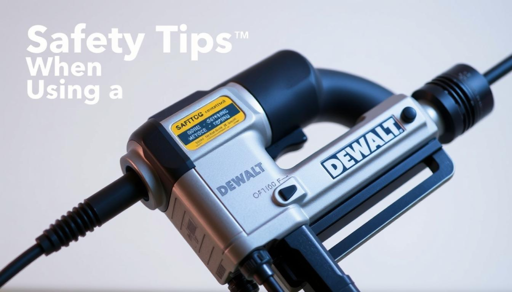 A well-lit, close-up photograph of a DEWALT Nibbler power tool, showcasing its safety features. The nibbler is positioned at a slight angle, allowing a clear view of its ergonomic design, sturdy construction, and safety switch. The background is a clean, neutral color, keeping the focus on the tool. Soft, directional lighting highlights the tool's metallic surfaces and reinforces its robust, professional-grade quality. The image conveys a sense of precision, reliability, and attention to user safety, reflecting the "Safety Tips When Using a Nibbler" section of the article.