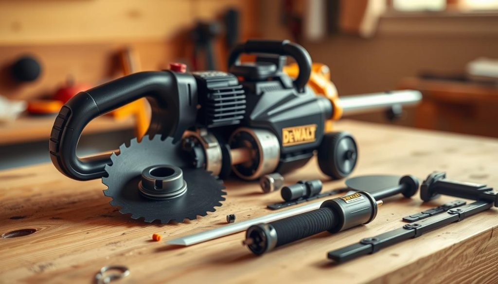 A well-lit, close-up photograph of a DEWALT edge trimmer disassembled on a clean, wooden workbench. The trimmer components are neatly arranged, showcasing the blade, spool, and various parts. Warm, natural lighting illuminates the scene, highlighting the tool's sturdy construction and attention to detail. The background is slightly blurred, keeping the focus on the maintenance process. The overall mood is informative and inviting, encouraging the viewer to undertake proper upkeep of their DEWALT edge trimmer for optimal performance and longevity.