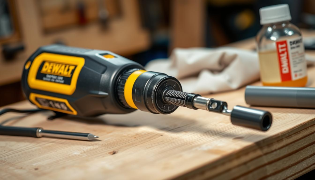 A well-lit, close-up photograph of a DEWALT screwdriver being serviced. The screwdriver is placed on a clean, wooden workbench, with a background of a workshop setting. The image showcases the screwdriver's components, including the handle, shaft, and tip, in sharp focus. The lighting is soft and directional, highlighting the details of the screwdriver's construction and the various maintenance tools nearby, such as a small screwdriver, a cleaning cloth, and a lubricating oil bottle. The overall mood is one of care and attention to detail, reflecting the importance of proper maintenance for DEWALT screwdrivers.