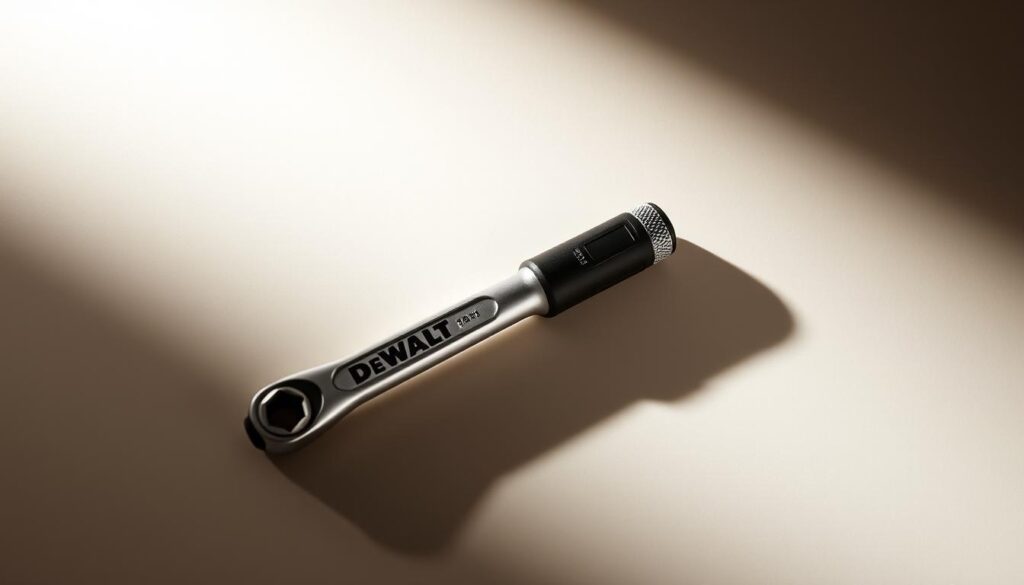 A well-lit, close-up photograph of a DeWalt 3/8" ratchet set against a minimalist background. The ratchet is prominently displayed, capturing its sleek, professional design with precision-machined metal components and a comfortable, ergonomic grip. The lighting accentuates the tool's sturdy construction and attention to detail, conveying a sense of reliability and durability. The neutral background allows the ratchet to be the focal point, emphasizing its value and quality. The overall composition and lighting create a sense of sophistication and high-end workmanship, reflecting the tool's premium positioning and suitability for demanding DIY projects.