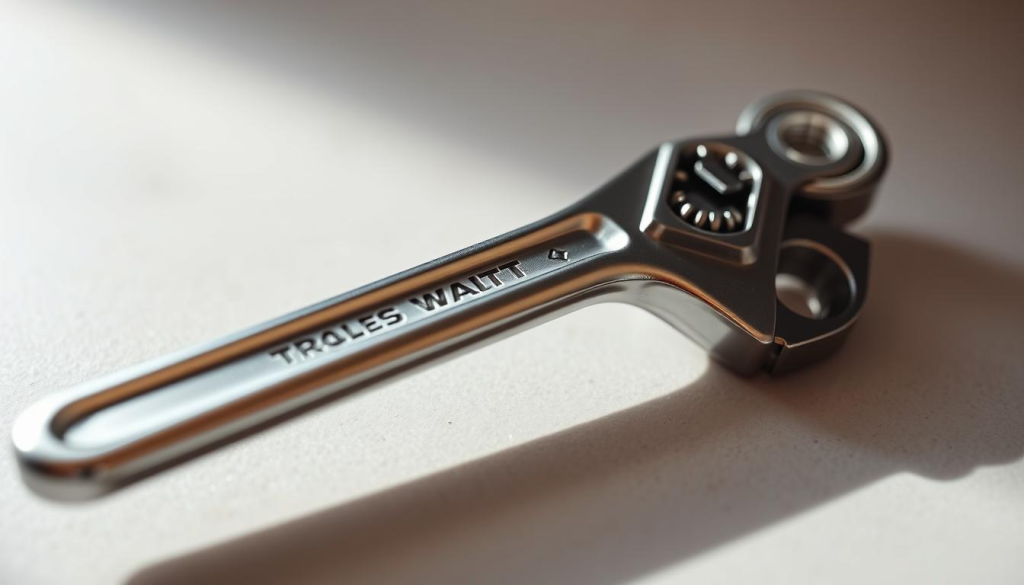 A well-lit, close-up photograph of a DeWalt adjustable wrench, showcasing its ergonomic design and safety features. The wrench is positioned on a clean, neutral-toned surface, allowing the details to stand out. Soft, directional lighting illuminates the chrome-plated metal body, highlighting the smooth adjustment mechanism and the sturdy, slip-resistant grip. The image captures the precision and reliability that define the DeWalt brand, conveying the sense of a high-quality, dependable tool that is essential for any workshop or toolbox.