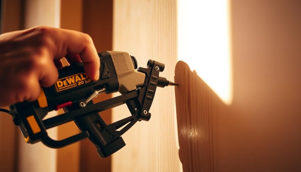 A well-lit, close-up photograph of a Dewalt 20V cordless finish nailer being used to trim a wooden surface. The nailer is held in a professional, ergonomic grip, with the nozzle firmly pressed against the wood, ready to fire a trim nail. The wooden surface is smooth and clean, inviting delicate finishing work. Warm, diffused lighting from the side casts soft shadows, highlighting the tool's details and the grain of the wood. The image conveys the precision, control, and versatility of the Dewalt finish nailer for intricate trim and woodworking tasks.
