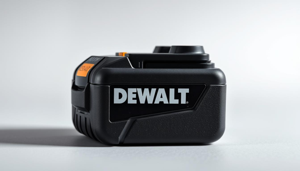 A well-lit, close-up photograph of a Dewalt lawn mower battery, its surface textured and industrial-looking. The battery is positioned centrally, taking up the majority of the frame, with a clean, minimalist background that allows the details of the battery to stand out. The lighting casts subtle shadows, highlighting the rugged construction and engineering. The overall tone is one of technical precision and reliability, mirroring the robust nature of the Dewalt brand. The image conveys a sense of the battery's importance in the troubleshooting process, ready to be examined and analyzed.